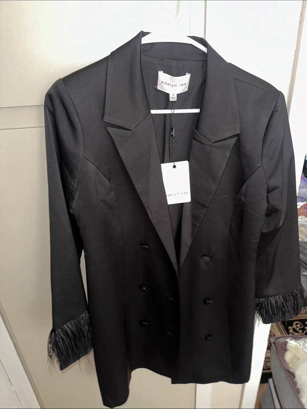 Adelyn Rae Black Double-Breasted Pea Coat with Fringe Cuffs